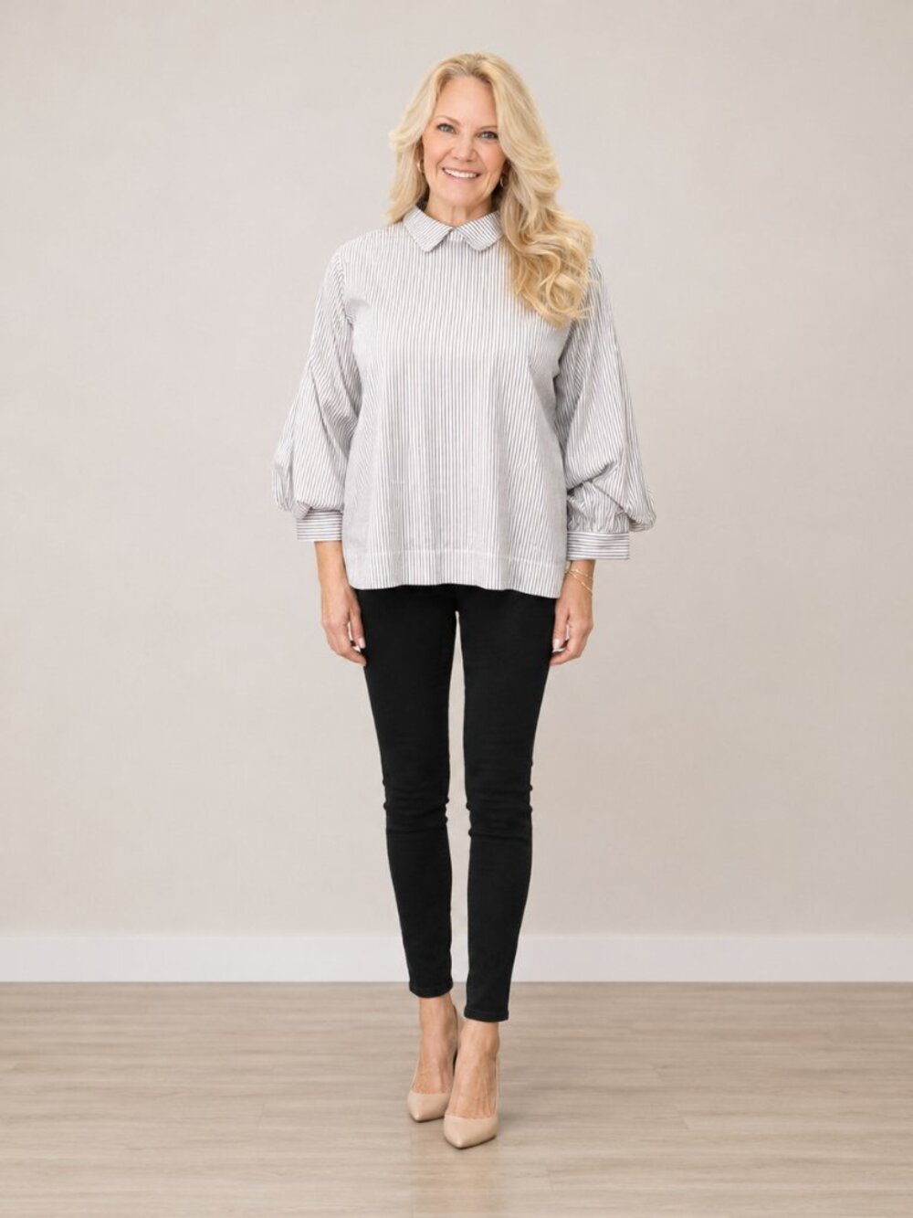 Elegant Striped Blouse with Puff Sleeves | Black & White